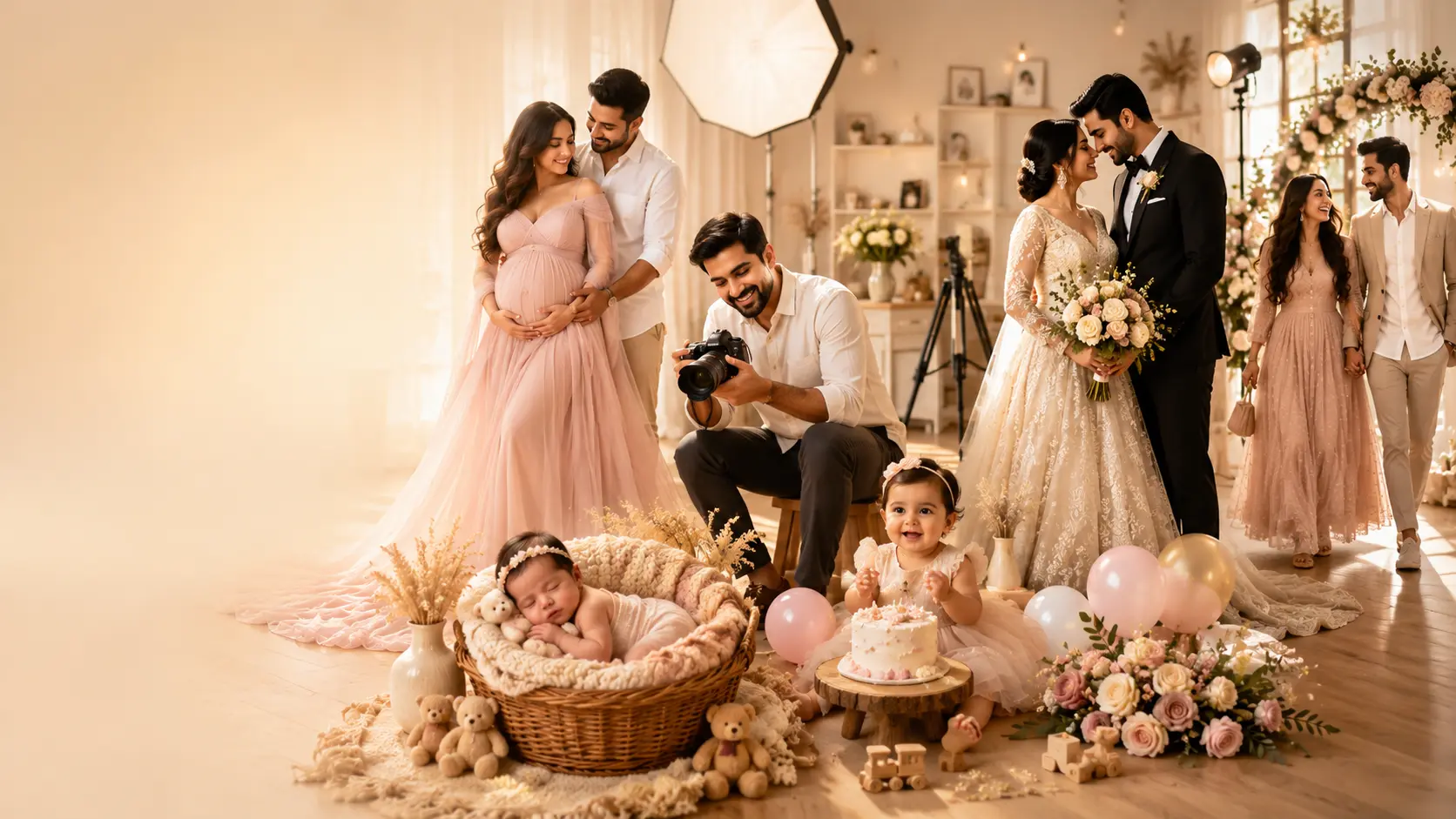 Baby's World Photography Studio — maternity, newborn, wedding and family session in a warm cream-toned studio